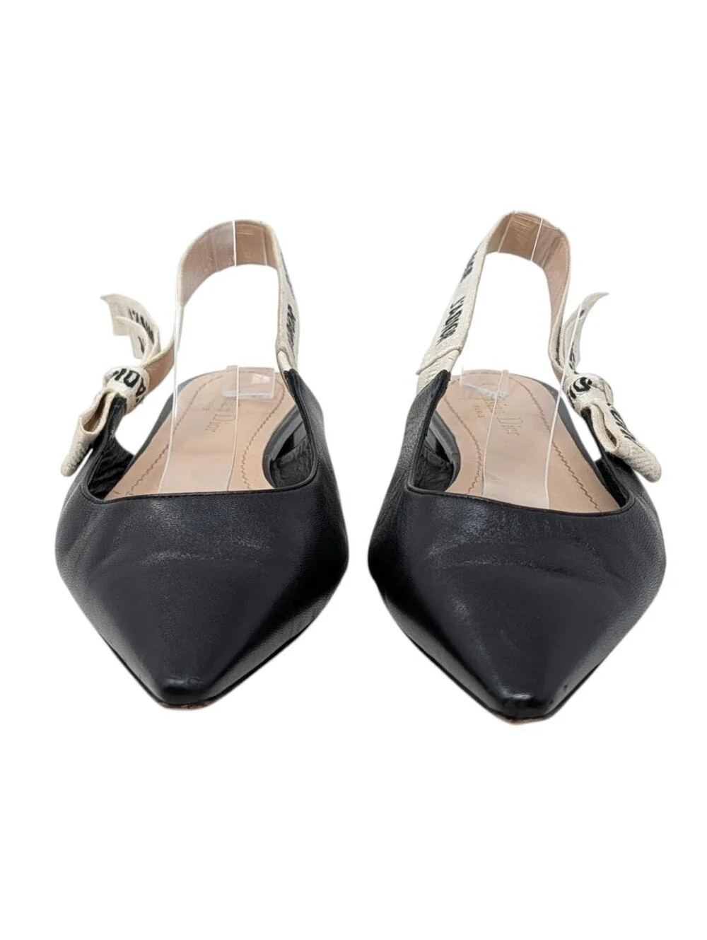 Dior J'Adior Black Leather Slingback White Ribbon Pointed Toe Flats Size EU 38.5